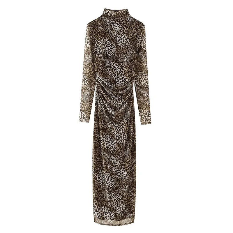 

TRAF Leopard Print Tulle Dress Women 2023 Pleated Long Dress Woman Long Sleeve Midi Dresses for Women Bodycon Women Dress
