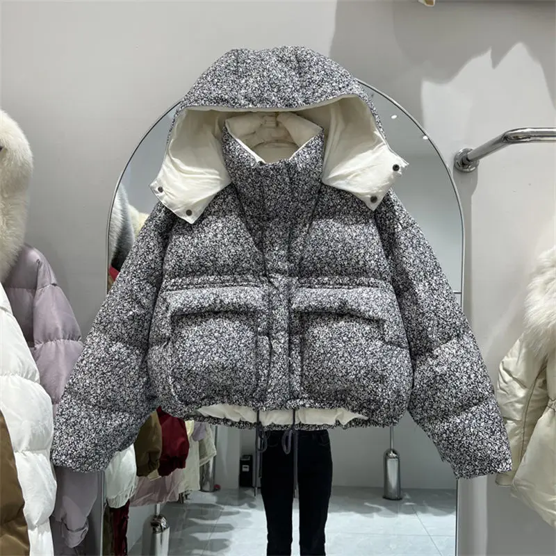 Winter Short Coat Fashion 2022 Korean Style Floral Down Jacket Printed Bread  Women Clothing Thickened Warm Hooded Outwear T1733