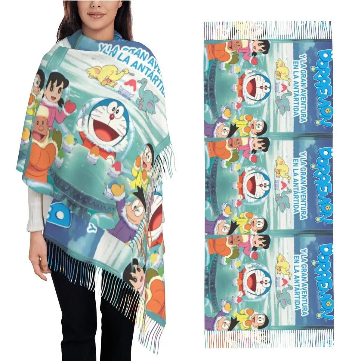 Шарф с рисунком D-Doraemon сохраняющие тепло шали Wrpas длинной кисточкой женские