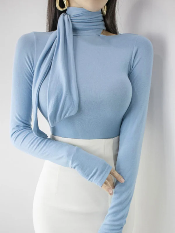 

TVVOVVIN, новинка весны 2022, Корейская облегающая футболка с воротником-стойкой на шнуровке, футболка с длинным рукавом, топы, тонкие милые топы с...