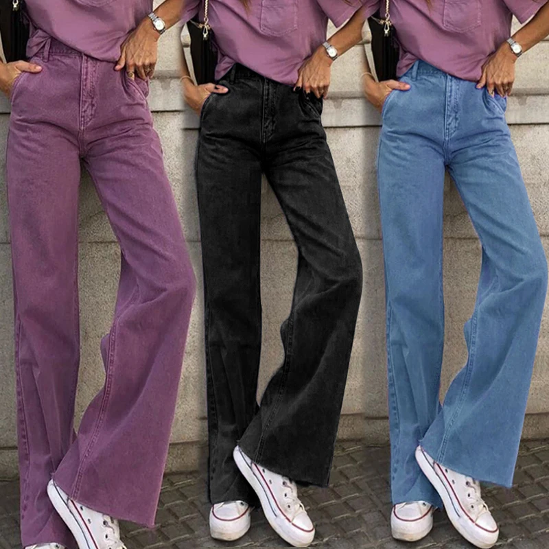 2022 Hot Sale Popular Casual High Waist Three Colors Classic Ladies Jeans New Fashion Ladies Wide Leg Straight Slug Jeans