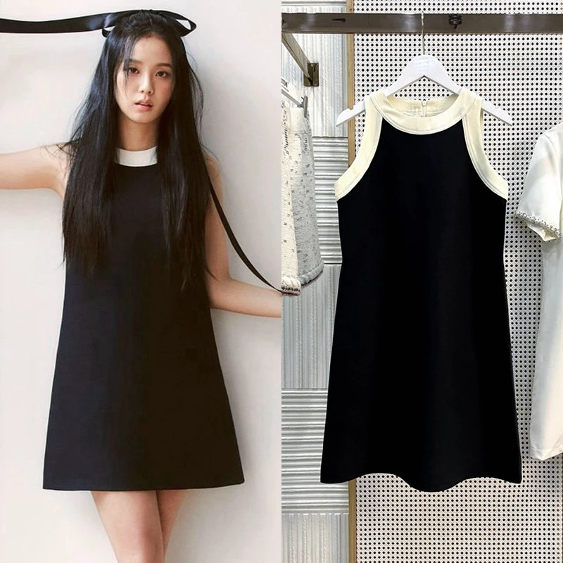 

Корейское летнее французское милое черное платье Kpop Jisoo без рукавов, женские клубные сексуальные мини-платья а-силуэта с открытыми плечами ...