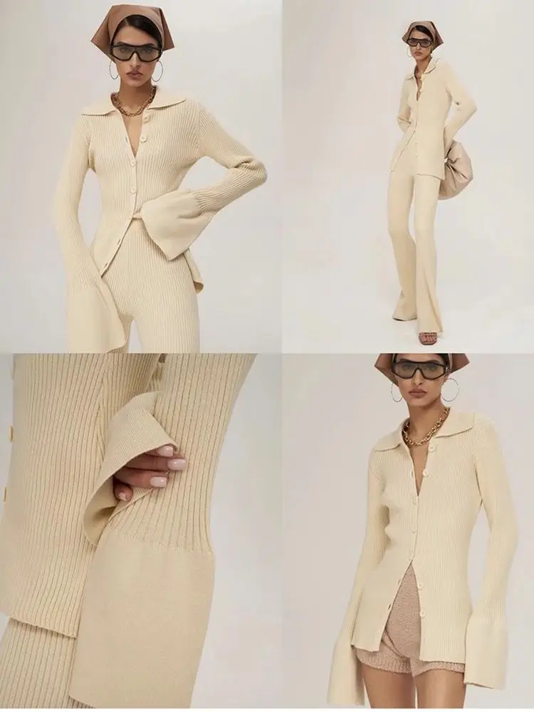 Женский вязаный комплект из 2 предметов кардиган свитер и брюки с широкими