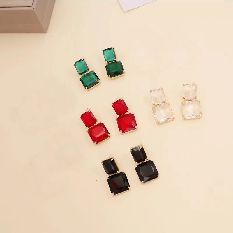 

New copper inlaid zircon earrings Macaron square crystal earrings women's temperament design long earrings