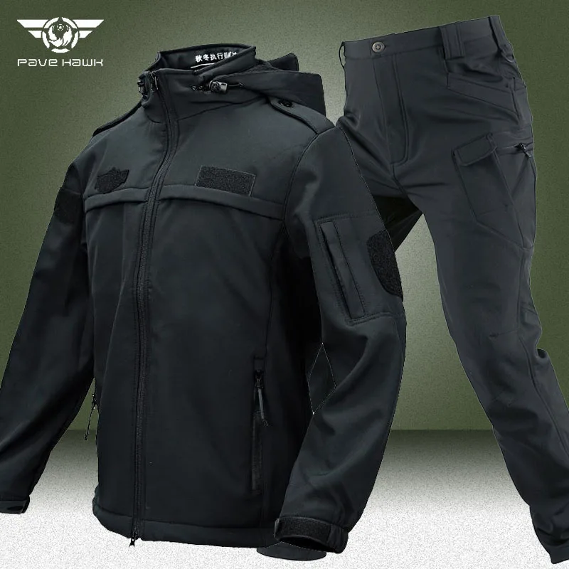Черные тактические комплекты, мужские Зимние флисовые теплые мягкие куртки и армейские брюки-карго, комплект из 2 предметов, военные водонепроницаемые комплекты с несколькими карманами