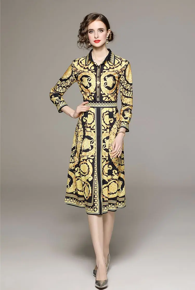 

Женское модельное винтажное платье миди, элегантное праздничное платье-трапеция с отложным воротником и винтажным принтом, платье с длинным рукавом и отложным воротником, весна 2023