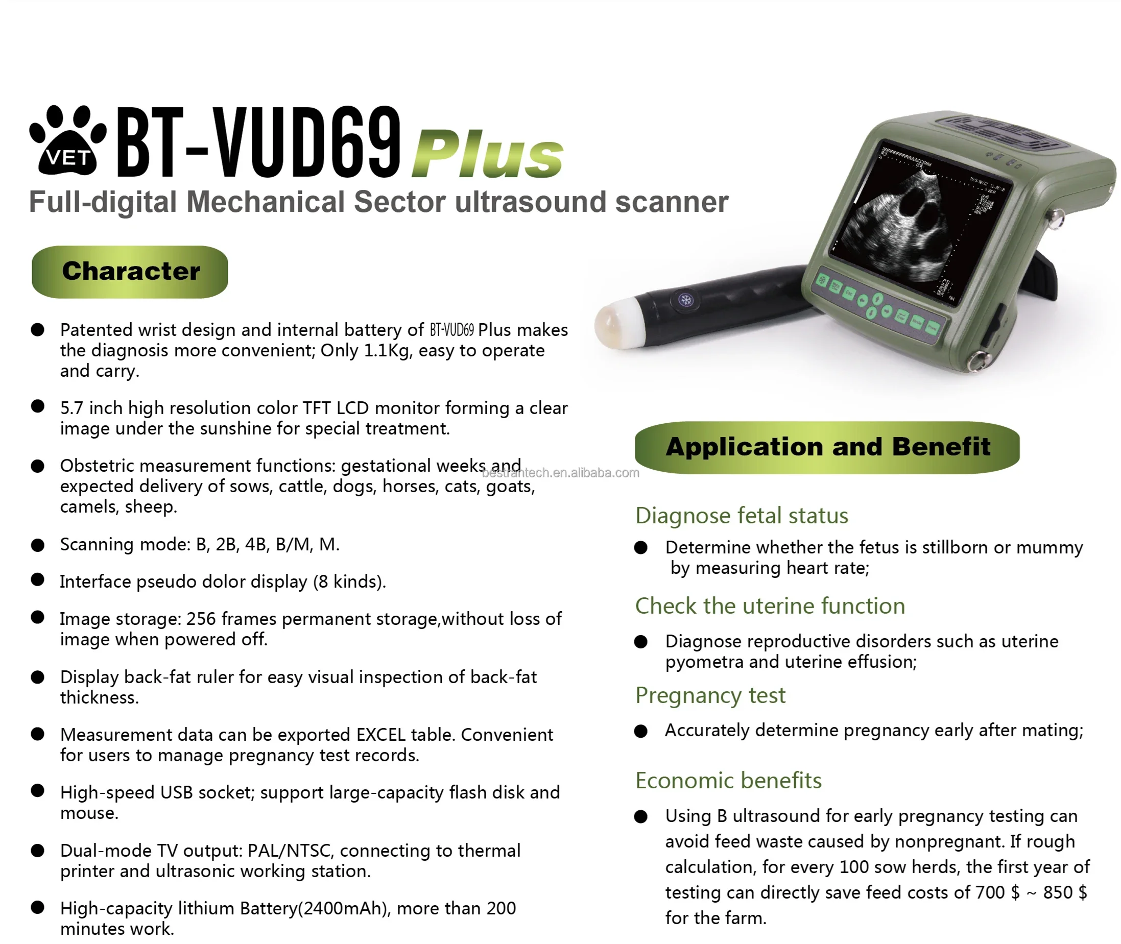 BT-VUD69 Bestran Быстрая доставка Vet USG портативный Ветеринарный ультразвуковой сканер с