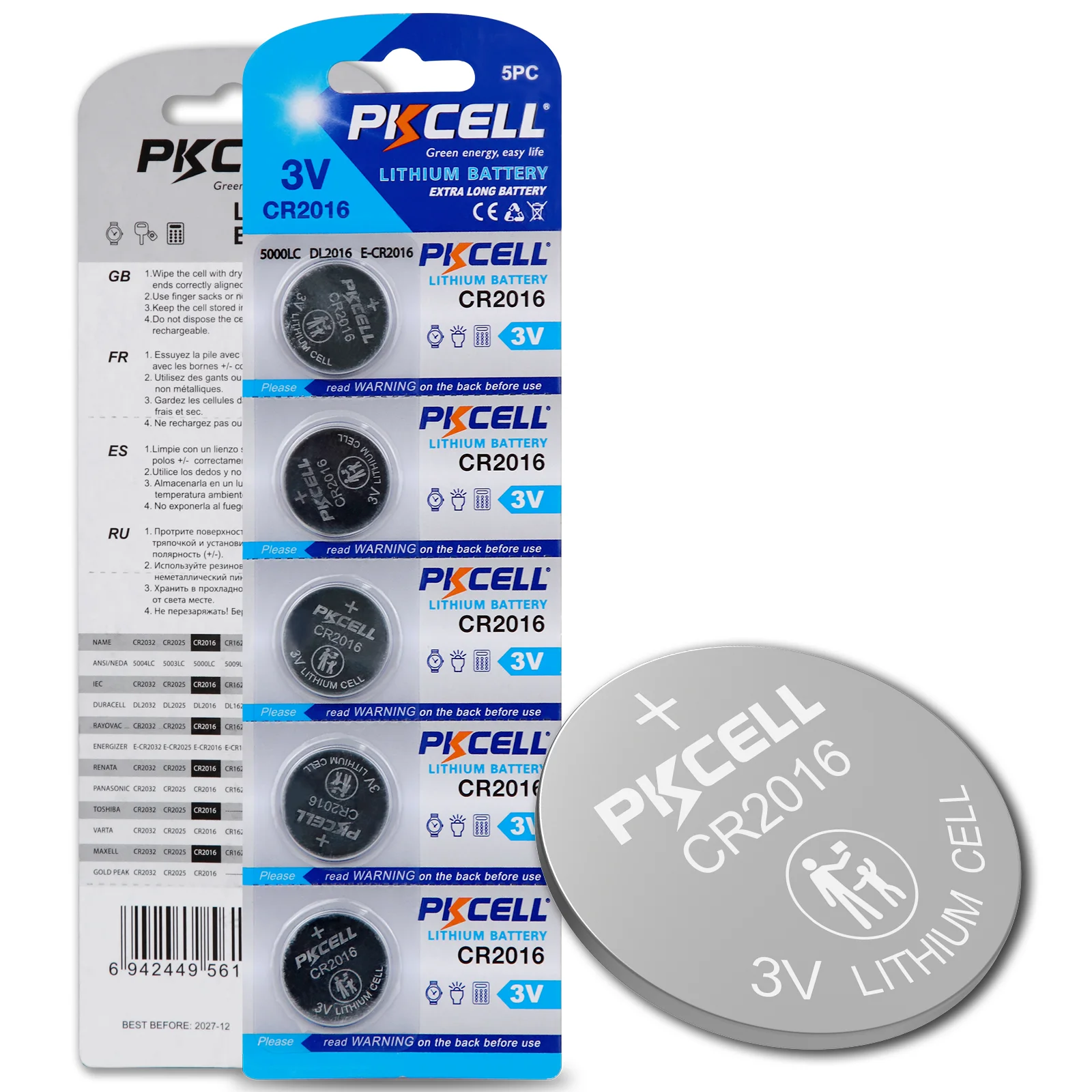 

5 шт., литиевая батарея PKCELL CR2016 3 В, 1 карта, BR2016 DL2016 ECR2016 CR 2016