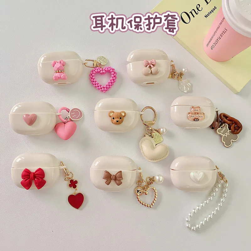 

For 2022 New Redmi Buds 4 pro Case,Bow/Love Heart/Bear pattern Ins creamy-white Silicone Bluetooth Earphone Cover with Keychain