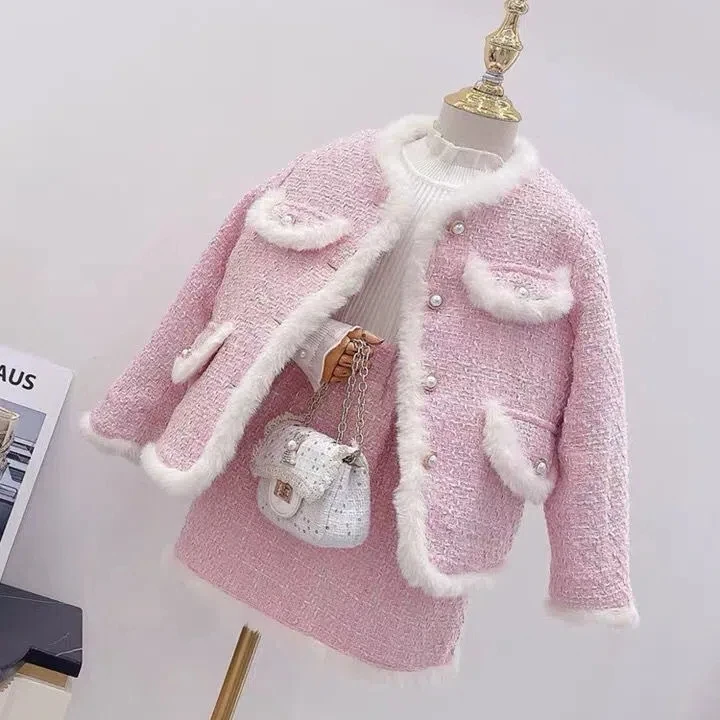 

Melario Pink Winter Warm Baby Girl Clothes Set Autumn Spring Sweet Blazer Outwear Coat + Skirt Children's Clothing Outfits Suit