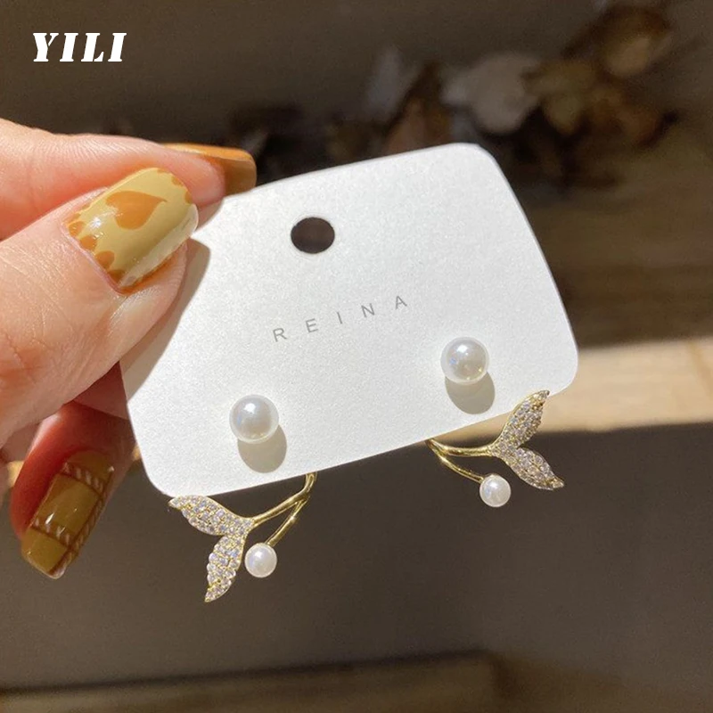

2022 New Fashion Mermaid Tail Shape Pearl Earrings for Women Korean Gold Zircon Earring Sweet Temperament Jewelry Gifts