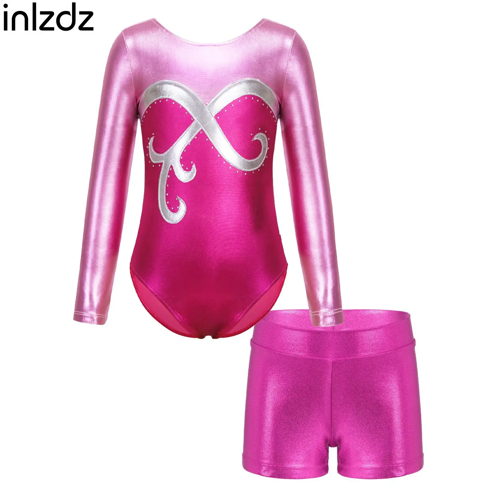 

inIzdz Kids Girls 6-14 Metallic Long Sleeve Round Neck Dance Leotards with Elastic Waistband Shorts with Rhinestones Decor Suits