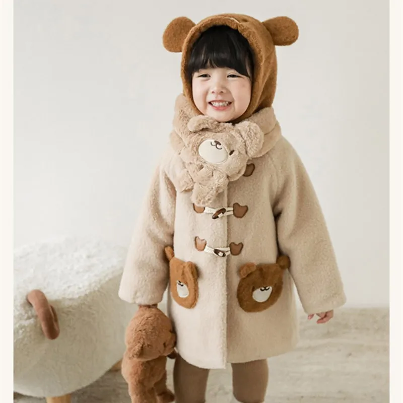 kids clothes Boys and girls lovely coat Cartoon bear pattern cowhorn button woolen coat
