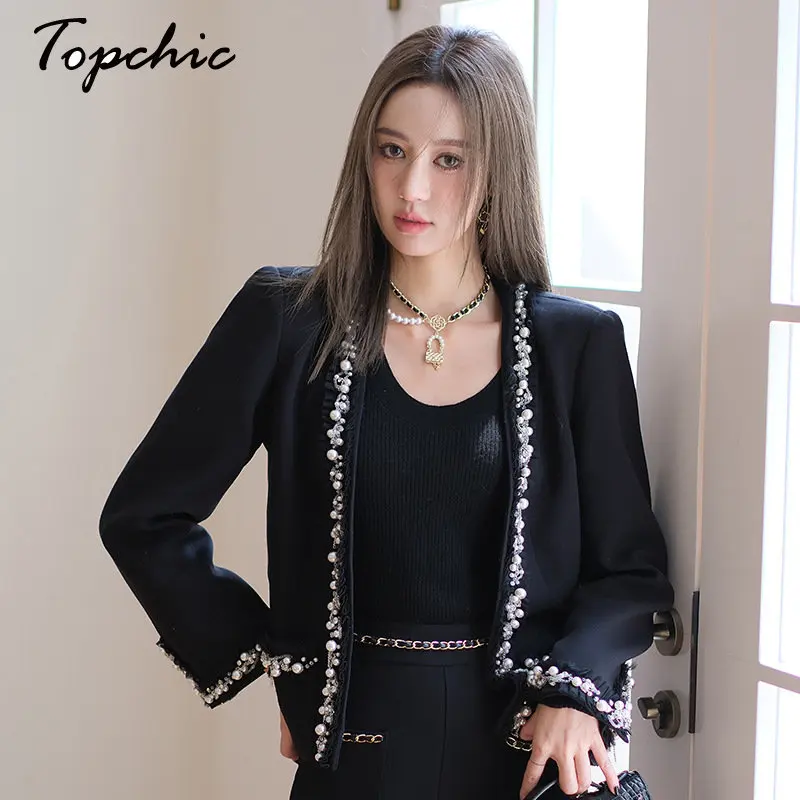

Женский твидовый пиджак с жемчужинами, Элегантная черная куртка из смешанной шерсти с бусинами, роскошная дизайнерская зимняя одежда, 2023