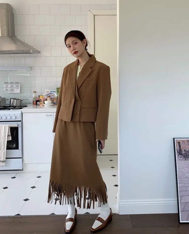 

2022 Autumn and Winter Skirt Suit Manual Tassels Simplicity Leisure Time Free Shipping