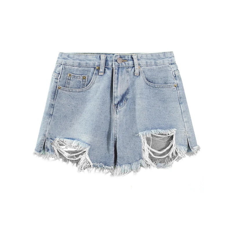 Women Summer Denim Shorts Jeans Raw Edge Hole Hollow Y2k Fashion Women's Pants High Waist Clothes Korean Style Knickers Clothing
