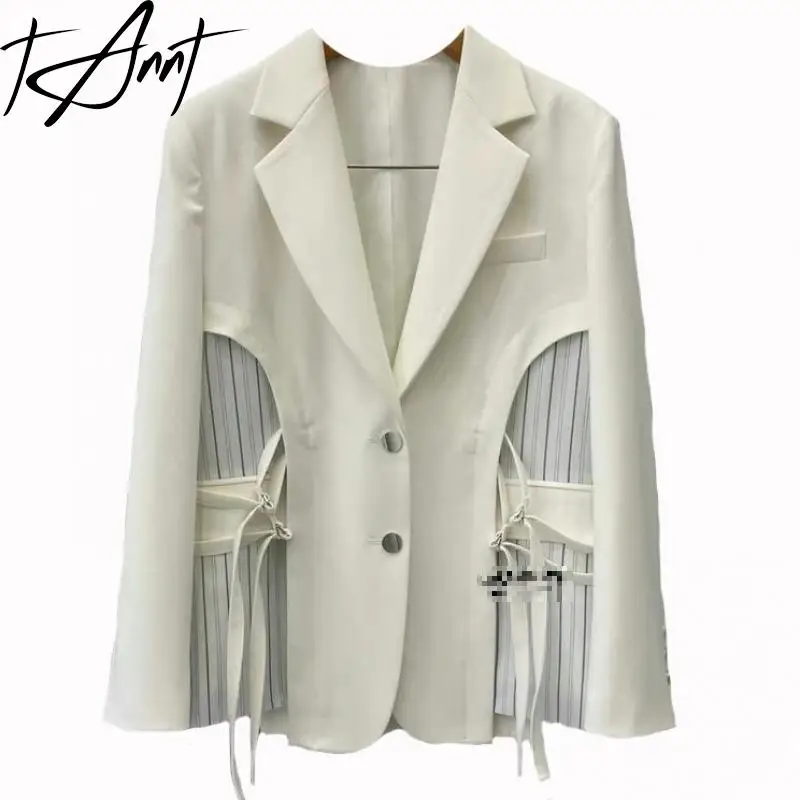 

Tannt Women Blazer Stripes Patchwork Asymmetry White Jacket Coats Vintage Fashion Chic And Elegant Woman Jacket 2023 New
