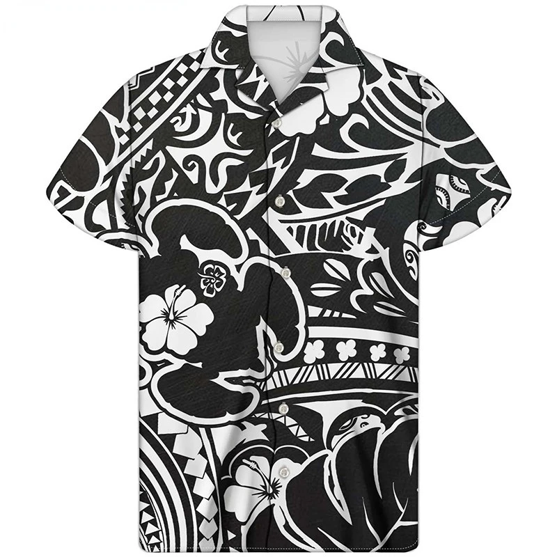 

Cuban Short Sleeve Shirt Harajuku Men's Casual Summer Black White Hawaiian Ethnic Tribal Print Batik Shirts for Men