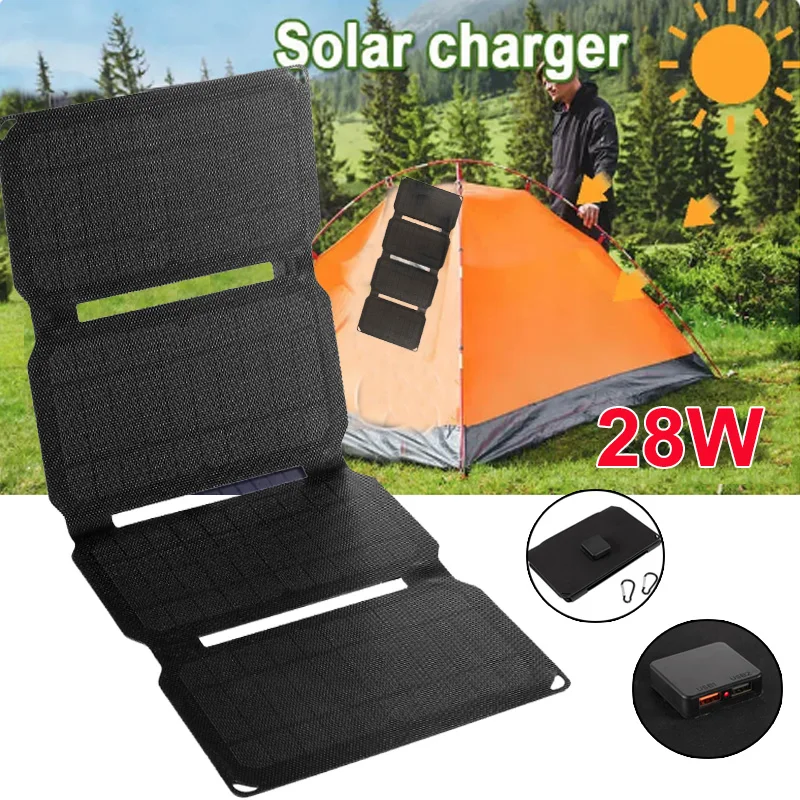 

28W Solar Panel ETFE 5V 12V Foldable Solar Cell Battery Charger Power Bank for Mobile Phone Camping Hiking Climbing Fishing