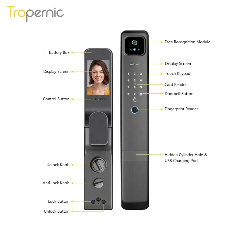

Tropernic Mobile Tuya Lock Waterproof Outdoor Smart Biometric Face Door Lock with Eye Scanner