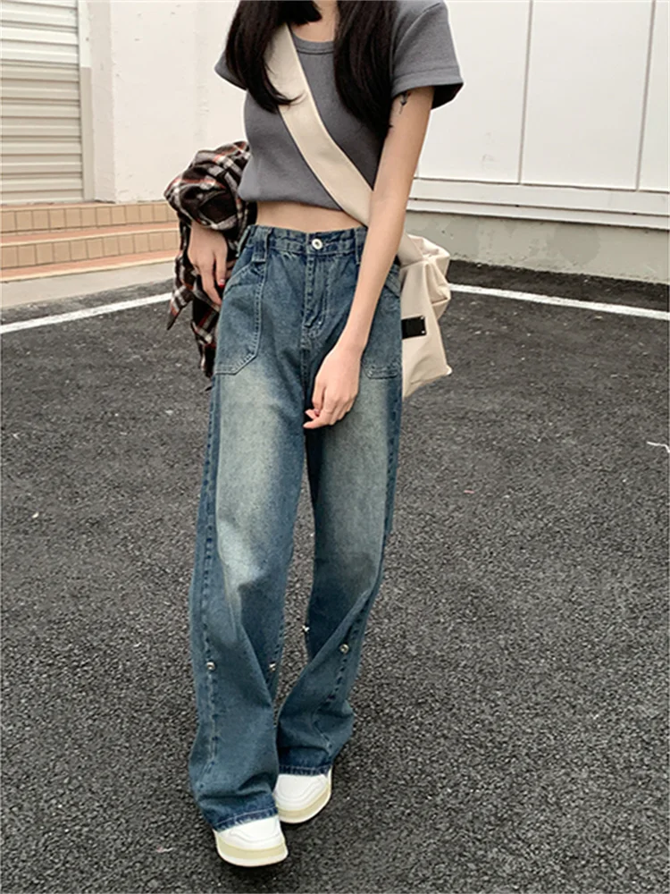 

Blue Women's Straight Jeans High Waist American Style Streetwear Vintage Pants Chic Design Casual Ladies Denim Wide Leg Trouser