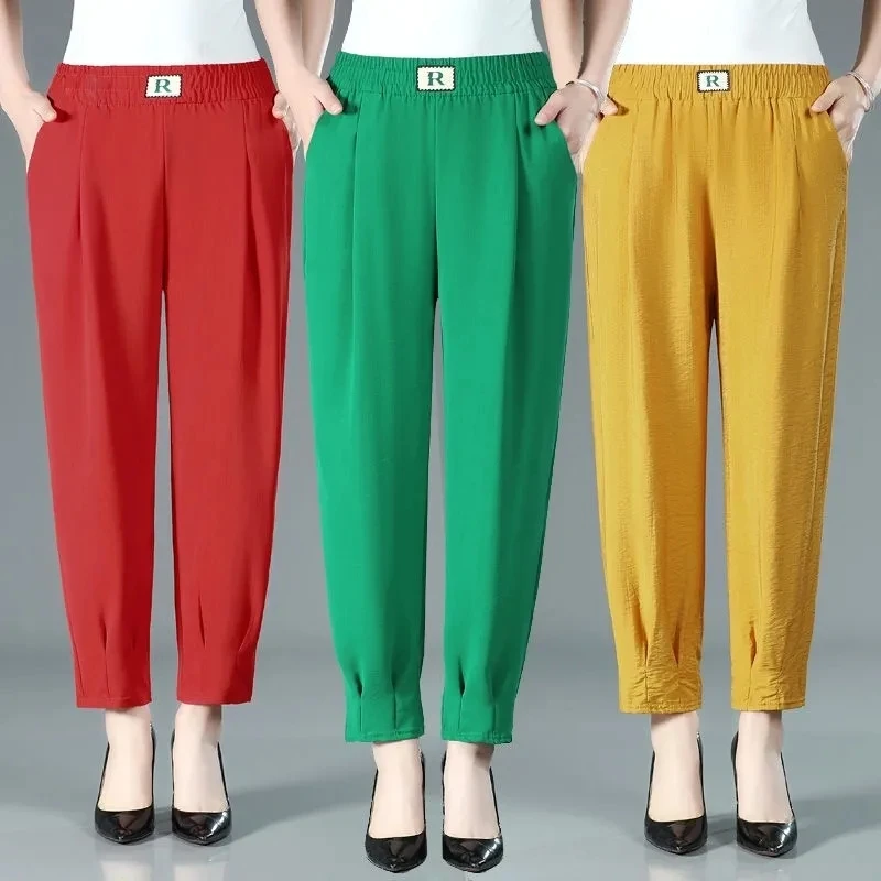 Summer Loose Slim Ninth Pants Solid Color Elastic Waist Versatile Trousers Simplicity Fashion Casual Women Clothing