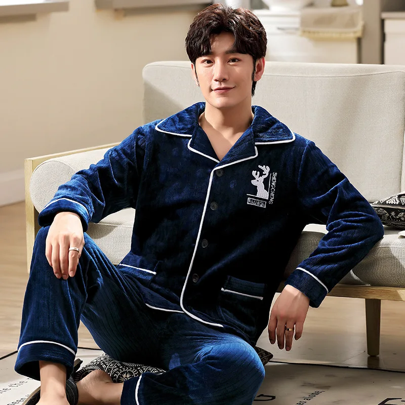 Autumn And Winter Men's Pajamas Set Thickened Coral Fleece Cardigan Home Clothes Warm Flannel Pajamas Set