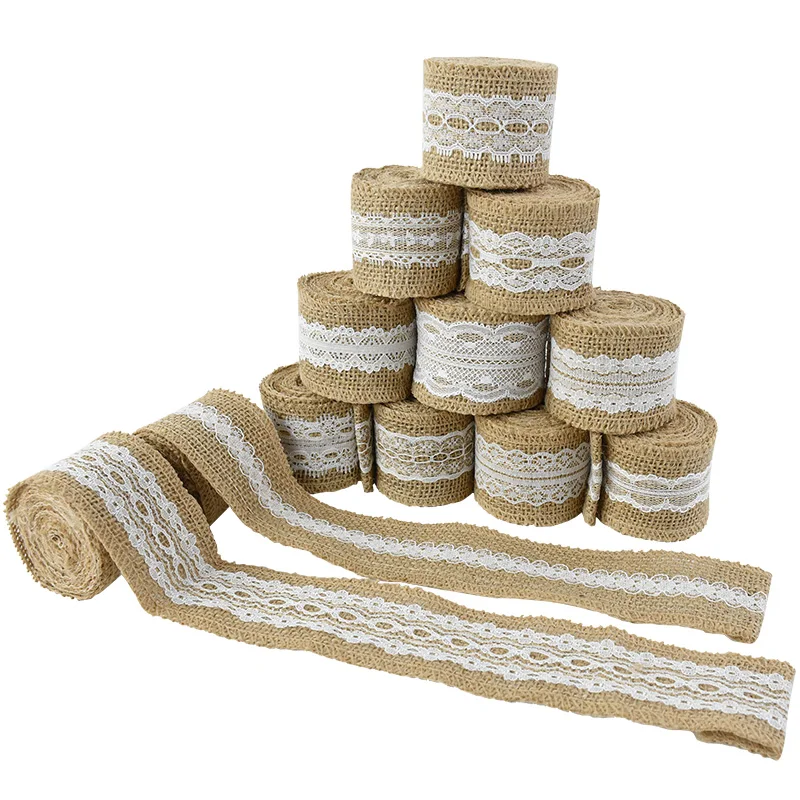 2M 5cm Vintage Jute Burlap Lace Ribbon Roll DIY Sewing Fabric Ribbons For Craft Hessian Ornament Burlap Wedding Party Decoration