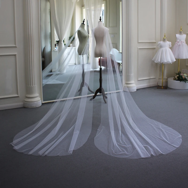 

Double shoulder plain Tulle wedding veil white simple church wedding tail tour shooting long soft yarn