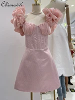2022 summer european fashion commuter slim professional dress high end pearl fishbone stacked short sleeve elegant pink dress