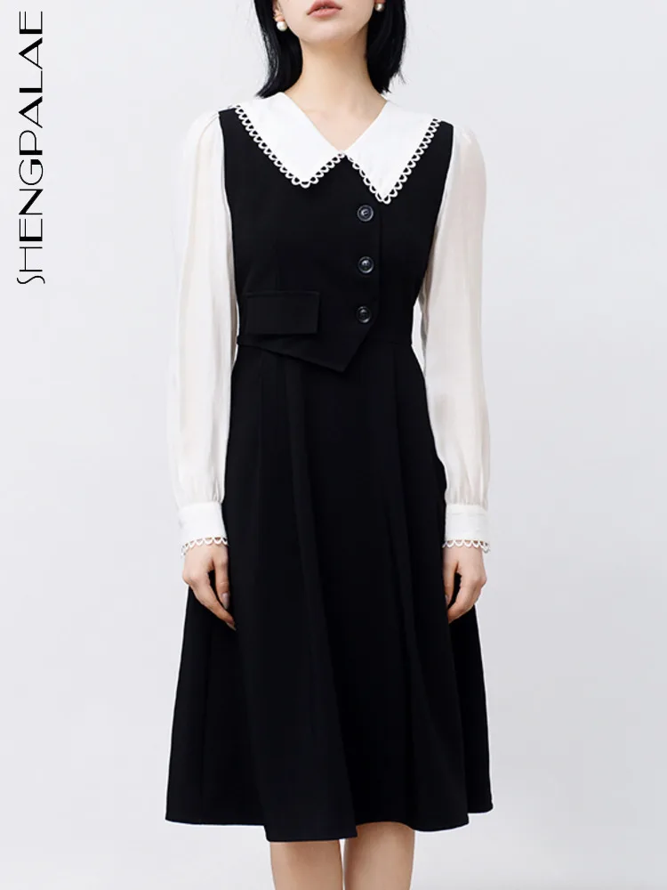 

Женское платье-двойка SHENGPALAE, винтажное платье контрастных цветов с длинным рукавом и воротником Питер Пэн, осень 2023, новинка 5R5485