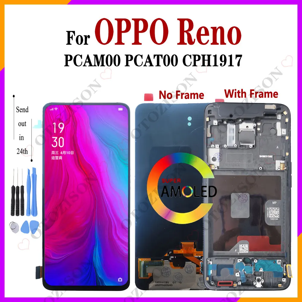 Дисплей с рамкой для OPPO Reno LCD PCAM00 PCAT00 CPH1917, сенсорный датчик, дигитайзер в сборе, запасные части дисплея Reno
