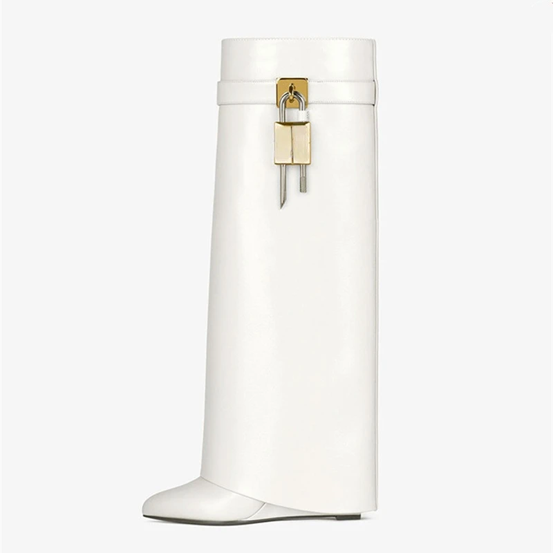 Women's New Knee High Boots Shark Lock Long Thick Soled High-heeled Boots Designer Luxury Brand Women's Leather Boots