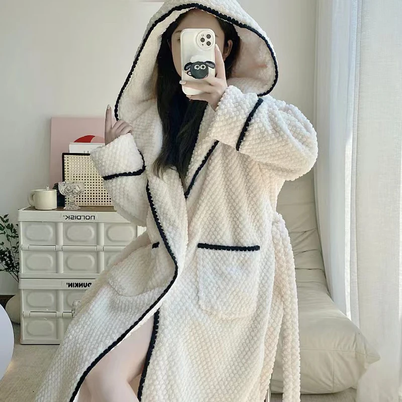 Autumn and Winter Thickened Plush Warm and Comfortable Large Size Hooded Pajamas Pajamas for Women
