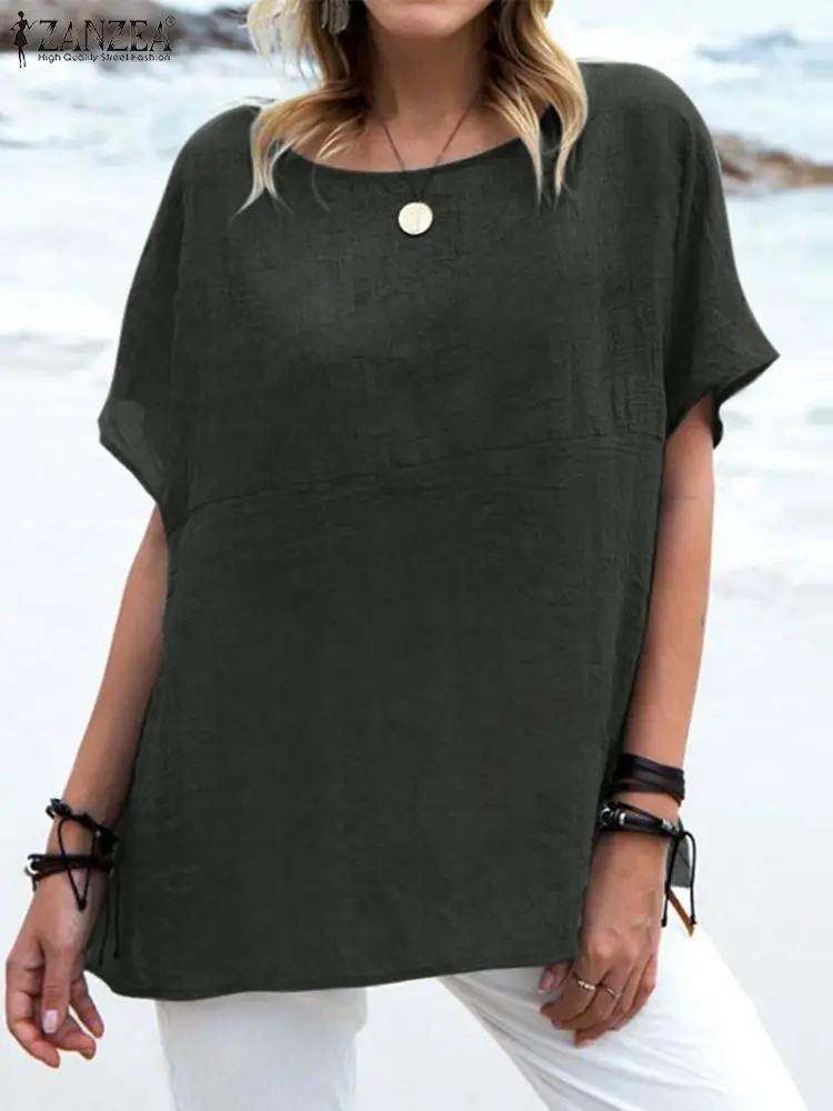 

2022 ZANZEA Short Sleeve Blouse Summer Woman Solid Color O-Neck Cotton T-Shirt Female Fashion Simple Oversized Tops Streetwear