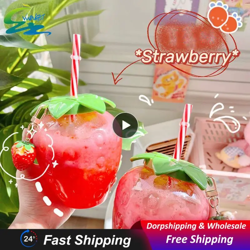 

500ml Cartoon Strawberry Straw Cup Plastic Cup Portable Water Bottle Pendant Milk Coffee Straw Cup For Home Drinkware