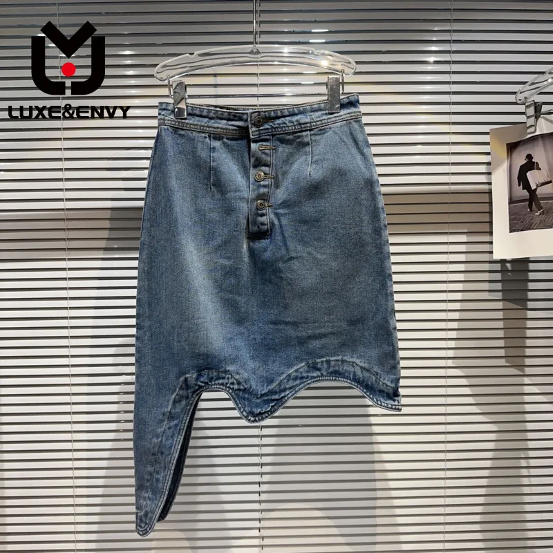 

LUXE&ENVY 2023 Summer New High Waist Solid Color Single-breasted Irregular Casual All-match Denim Skirts Women