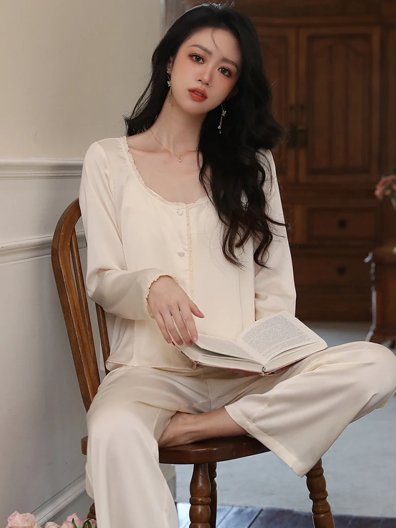 Women French Spring Summer Long Sleeve Silk Top Pants Pajamas Three Piece Pantsuits Fairy Lace Sleepwear Victorian Nightgowns