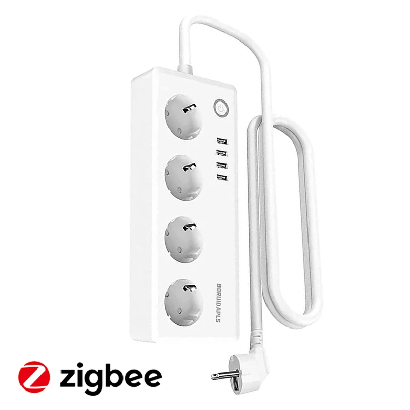 BORUIDAPLS Tuya Zigbee Умный удлинитель удлинителя розетки ЕС Голосовой пульт дистанционного управления работает с Google Home Alexa HU-E 4AC 16A