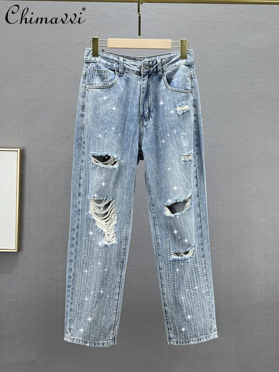 

Ripped Jeans for Women 2023 New Spring Summer High Waist Jeans Loose Slim European Station Hot Rhinestone Cropped Baggy Pants