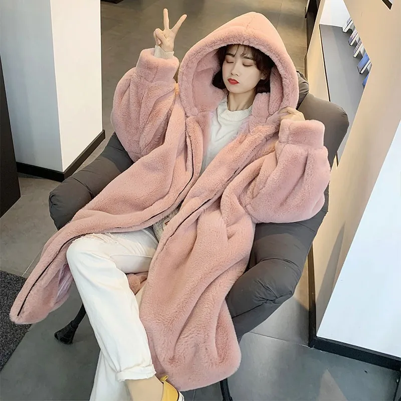 

Furry Coat Women's Winter Loose Large Size Mink-like Wool Rex Rabbit Fur Leather Fur Coat Mid-Length Lamb Wool Hooded