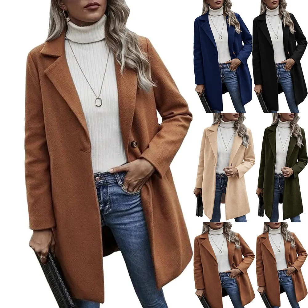 

2022 Fashion Button Double-sided Woolen Trench Coats Women's Solid Color Pocket Loose Long-sleeved Woolen Coat Jackets