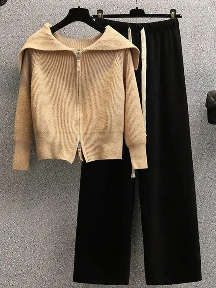 

Outwear Tops Solid Sweater Women's Elegant Lapel Thick Warm Knitted Cardigan Sweaters High Waist Wide Leg Pants 2-Piece Sets