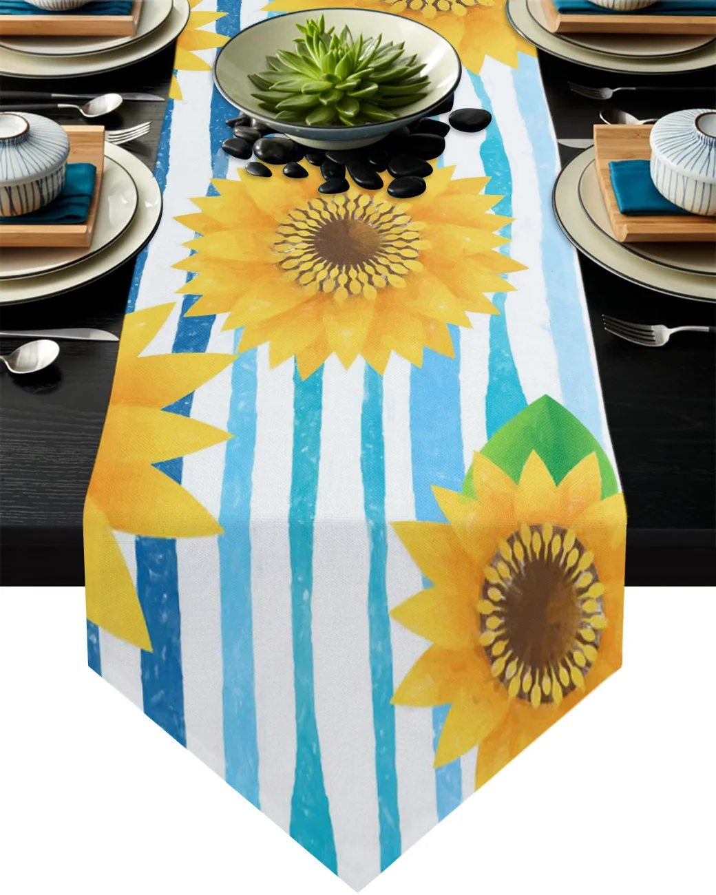 

Подсолнухи, синие полосы, украшение для стола, украшение для дома, украшение для стола, скатерть для стола