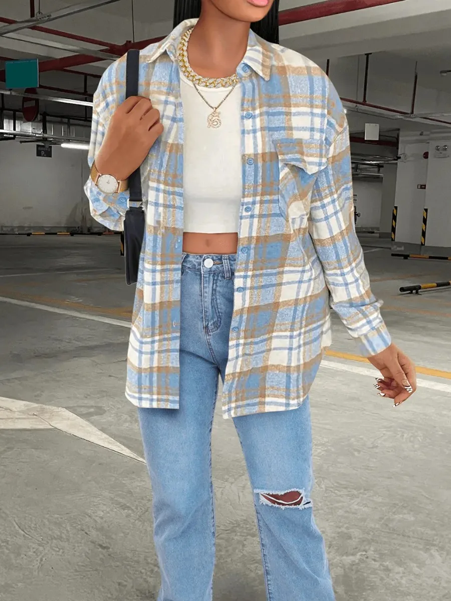 

LW COTTON Plaid Multicolor Outerwear Print Pocket Design Coat Lapel Neck Casual Long Sleeve Thick Women Daily Button Cardigan