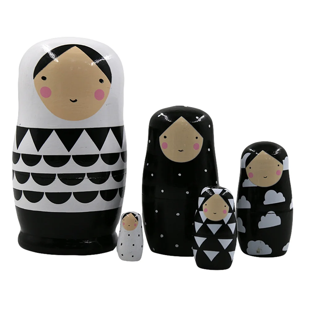 

5 Pcs Toys Kids Black White Matryoshka Nesting Russian Ornament Wood Child Wooden Decoration