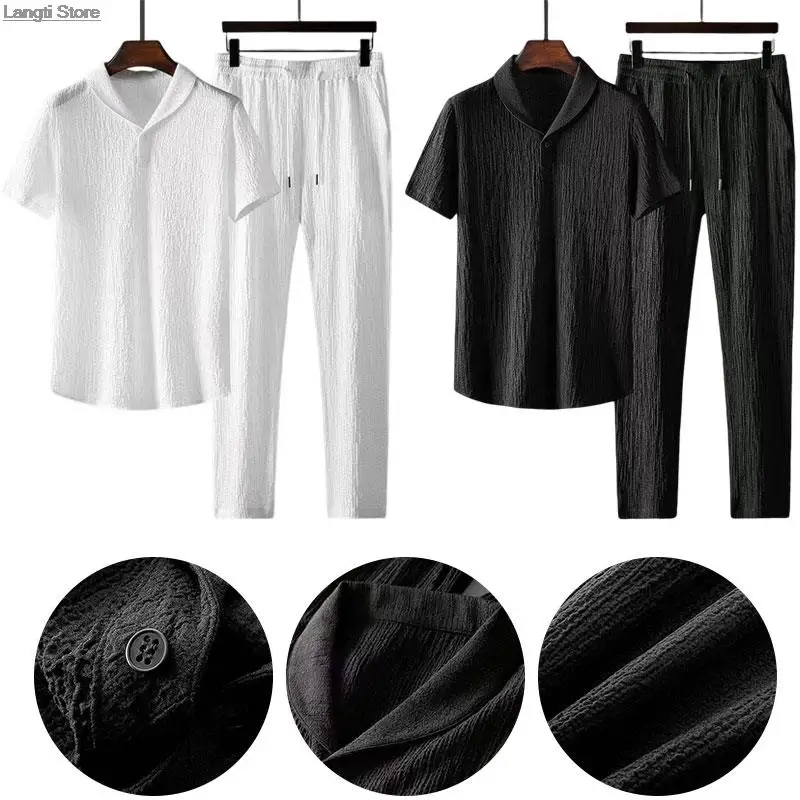 2Pcs/Set Summer Thin Casual Sports Suit Men Pleated Short Sleeve T Shirt + Long Pants Two Piece Set Male Outfit Tracksuit