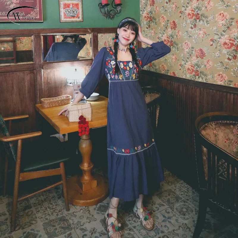 

New 2022 Bohemian Ethnic Style Embroidered Waist-Controlled Lace-up Cotton Linen Dress French Style Dresses