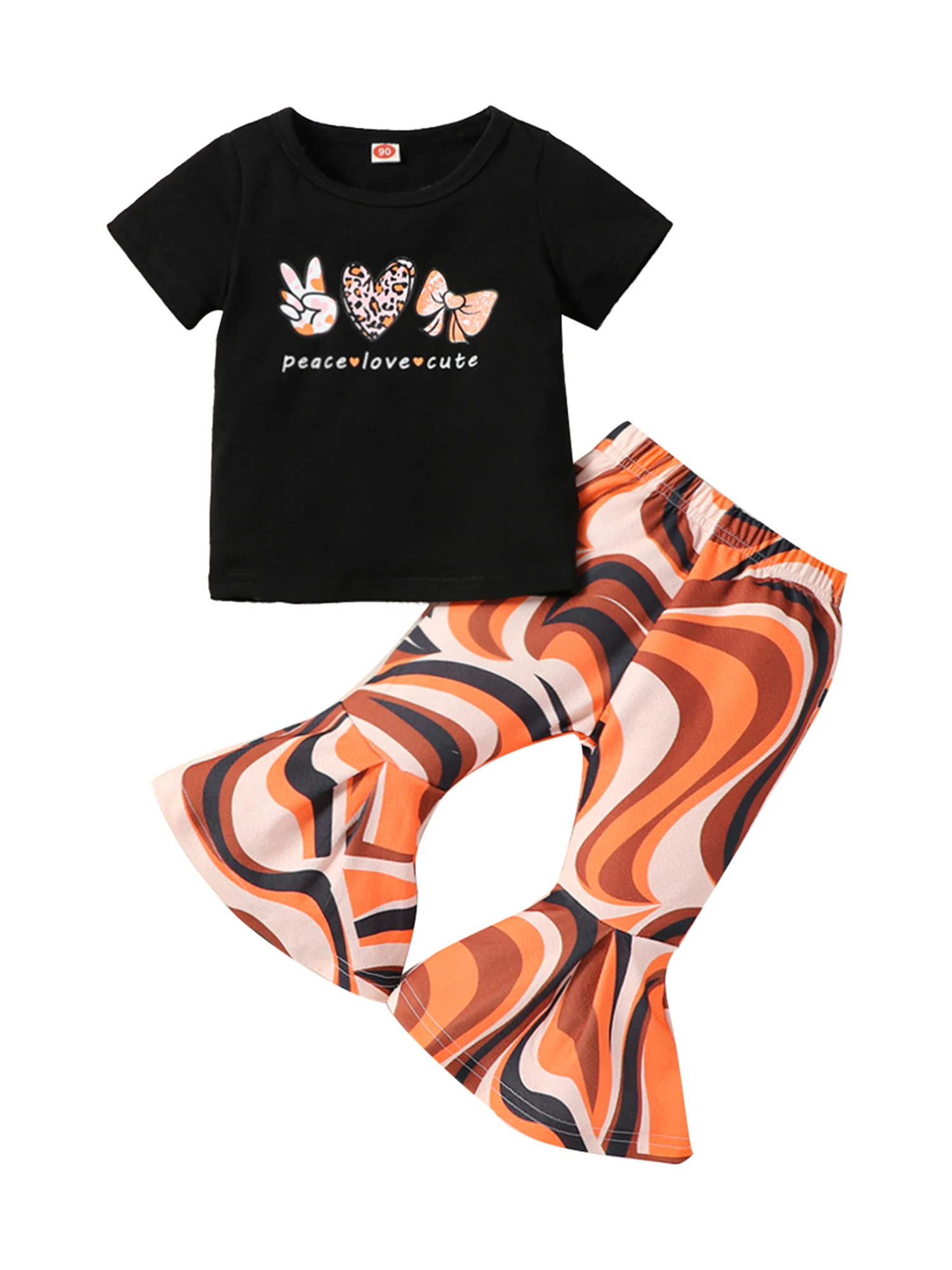 

Toddler Baby Girls Summer Outfits Short Sleeve Peace Love Cute T-Shirt Top Flare Pants Set 2Pcs Bell Bottom Outfit