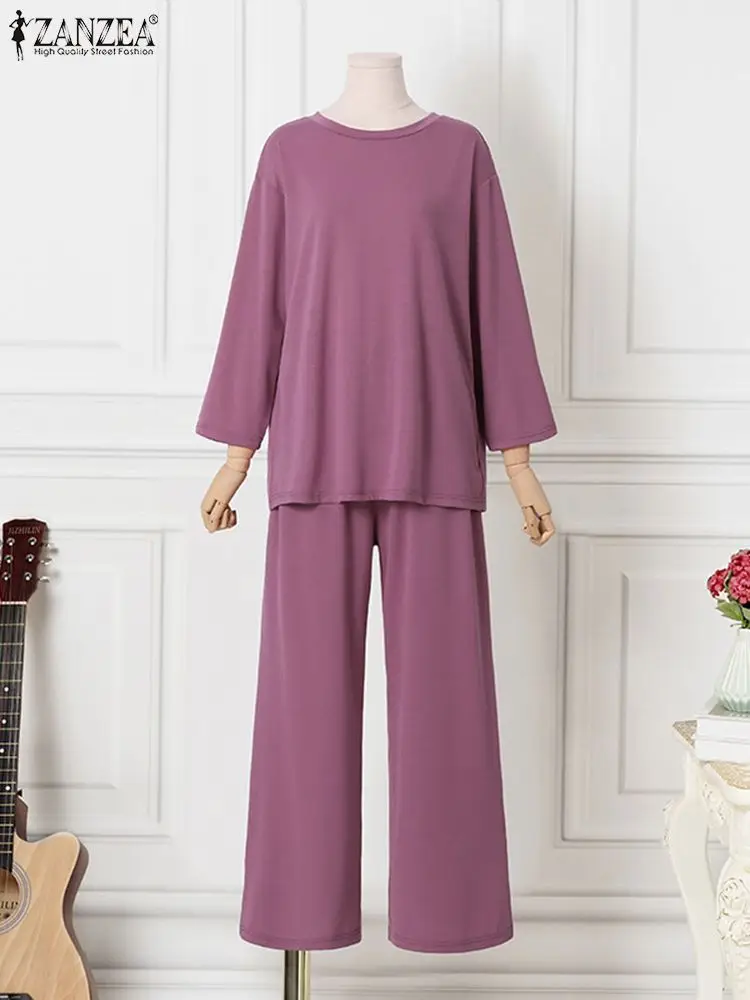 

Офисная Женская шикарная блузка и брюки с широкими штанинами в стиле ретро длинные брюки костюмы ZANZEA повседневные однотонные подходящие ко...